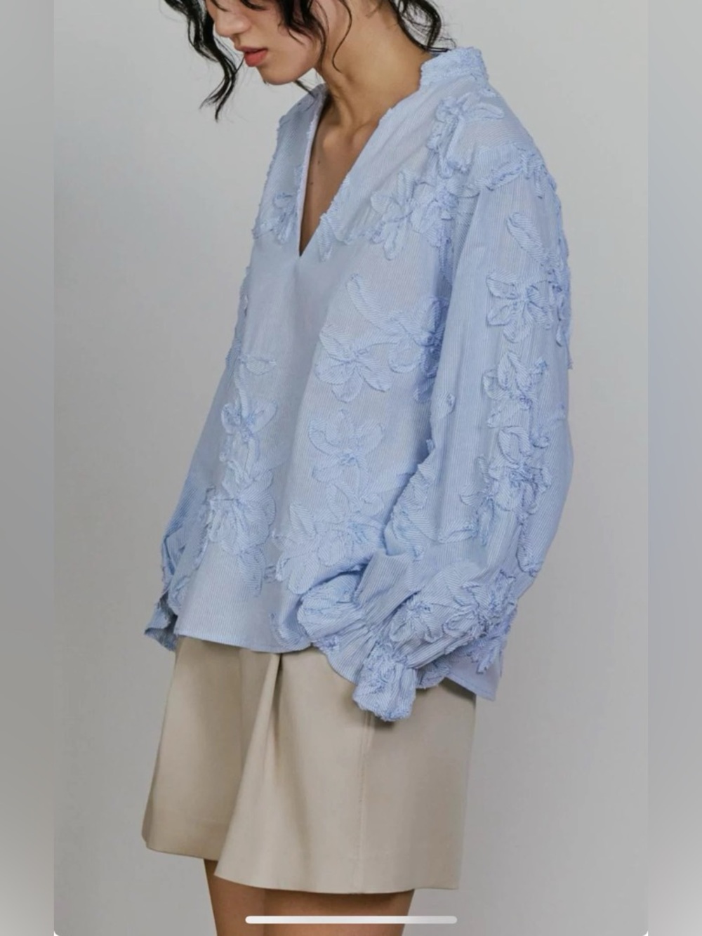 Zara Embroidered Floral Blue Stripe Blouse XS Cotton Boho